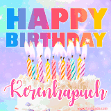 A vibrant animated name GIF with the words 'Happy Birthday Kerenhapuch' with colorful candles on a creamy cake. The background sparkles with pastel shades, adding a festive touch.