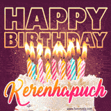 A colorful birthday cake topped with lit candles, with the words 'Happy Birthday Kerenhapuch' in bold glowing letters on a burgundy background. Animated flames add a festive touch.