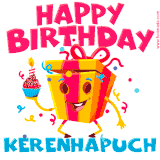 A vibrant and funny gift box character with a happy face dancing with a cupcake and the text 'Happy Birthday Kerenhapuch,' surrounded by animated confetti and party vibes.