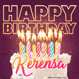A colorful birthday cake topped with lit candles, with the words 'Happy Birthday Kerensa' in bold glowing letters on a burgundy background. Animated flames add a festive touch.