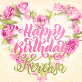 A stunning heart made of pink roses surrounds the elegant script text 'Happy Birthday Kerensa' on a soft beige background. Animated sparkles add a magical and festive feel.