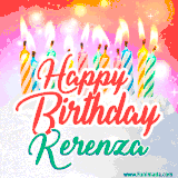 Bright birthday candles with rainbow flames on a cake, alongside the text 'Happy Birthday Kerenza' in vibrant script in this celebratory animated GIF.