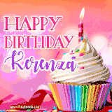 A vibrant birthday GIF featuring a rainbow-colored cupcake topped with white frosting, sprinkles, and a lit candle. The text reads 'Happy Birthday Kerenza' in bold pink and violet letters with white outline.