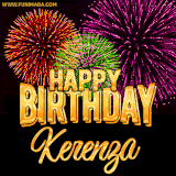 A golden 'Happy Birthday Kerenza' message with vibrant fireworks in the background, creating a festive and celebratory vibe in this animated name GIF.
