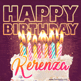 A colorful birthday cake topped with lit candles, with the words 'Happy Birthday Kerenza' in bold glowing letters on a burgundy background. Animated flames add a festive touch.