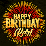 Golden 'Happy Birthday Keri' text accompanied by animated rainbow fireworks for a festive animated greeting.