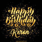 Animated GIF with colorful, festive 'Happy Birthday Keron' text decorated with patterns, a party hat, and falling confetti. A vibrant and cheerful design for birthday celebrations.