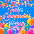 A vibrant animated GIF with 'Feliz Cumpleaños Keron' written in colorful script, surrounded by balloons, confetti, and bunting on a bright blue background.