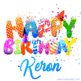 Animated GIF with colorful, festive 'Happy Birthday Keron' text decorated with patterns, a party hat, and falling confetti. A vibrant and cheerful design for birthday celebrations.