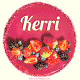 Beautifully decorated red velvet berry birthday cake with vibrant fruits and a glowing 'Kerri' name, adding a touch of sweetness and sparkle.