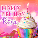 A vibrant birthday GIF featuring a rainbow-colored cupcake topped with white frosting, sprinkles, and a lit candle. The text reads 'Happy Birthday Kerri' in bold pink and violet letters with white outline.