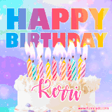 A vibrant animated name GIF with the words 'Happy Birthday Kerri' with colorful candles on a creamy cake. The background sparkles with pastel shades, adding a festive touch.