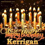 A glowing personalized birthday GIF with name Kerrigan featuring lit candles with intricate designs, warm lighting, and the text 'Happy Birthday' in an elegant font.
