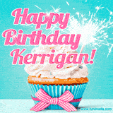 A festive cupcake with pink icing, a gingham bow, and a lit animated sparkler, paired with 'Happy Birthday Kerrigan!' in bright pink text.
