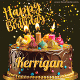 A delightful chocolate birthday cake with bright candles and 'Happy Birthday Kerrigan' written in gold amidst a shower of animated stars.
