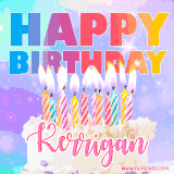 A vibrant animated name GIF with the words 'Happy Birthday Kerrigan' with colorful candles on a creamy cake. The background sparkles with pastel shades, adding a festive touch.
