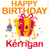 A vibrant and funny gift box character with a happy face dancing with a cupcake and the text 'Happy Birthday Kerrigan,' surrounded by animated confetti and party vibes.