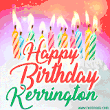 Bright birthday candles with rainbow flames on a cake, alongside the text 'Happy Birthday Kerrington' in vibrant script in this celebratory animated GIF.
