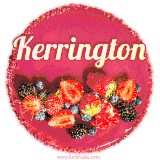 Beautifully decorated red velvet berry birthday cake with vibrant fruits and a glowing 'Kerrington' name, adding a touch of sweetness and sparkle.