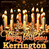 A glowing personalized birthday GIF with name Kerrington featuring lit candles with intricate designs, warm lighting, and the text 'Happy Birthday' in an elegant font.