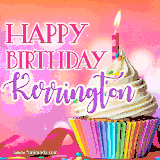 A vibrant birthday GIF featuring a rainbow-colored cupcake topped with white frosting, sprinkles, and a lit candle. The text reads 'Happy Birthday Kerrington' in bold pink and violet letters with white outline.