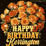 Animated bouquet of orange roses with moving butterfles and golden 'Happy Birthday Kerrington' text, surrounded by sparkling accents and a dark backdrop for a luxurious feel.