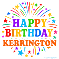Happy Birthday Kerrington' GIF with rainbow-colored letters, colorful stars, and fireworks on white background.