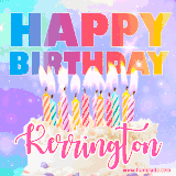 A vibrant animated name GIF with the words 'Happy Birthday Kerrington' with colorful candles on a creamy cake. The background sparkles with pastel shades, adding a festive touch.