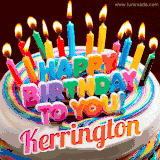 A colorful birthday cake topped with lit candles, with the words 'Happy Birthday Kerrington' in bold glowing letters on a burgundy background. Animated flames add a festive touch.