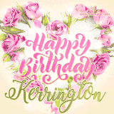 A stunning heart made of pink roses surrounds the elegant script text 'Happy Birthday Kerrington' on a soft beige background. Animated sparkles add a magical and festive feel.
