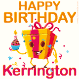 A vibrant and funny gift box character with a happy face dancing with a cupcake and the text 'Happy Birthday Kerrington,' surrounded by animated confetti and party vibes.