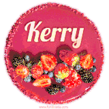 Beautifully decorated red velvet berry birthday cake with vibrant fruits and a glowing 'Kerry' name, adding a touch of sweetness and sparkle.