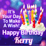 A colorful birthday GIF for Kerry featuring a cupcake with vibrant lit candles and the text 'It's Your Day to Make a Wish! Happy Birthday Kerry' in bold letters on a festive purple background.