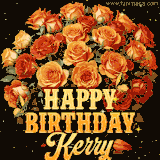 Animated bouquet of orange roses with moving butterfles and golden 'Happy Birthday Kerry' text, surrounded by sparkling accents and a dark backdrop for a luxurious feel.