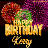 A golden 'Happy Birthday Kerry' message with vibrant fireworks in the background, creating a festive and celebratory vibe in this animated name GIF.