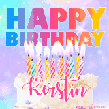 A vibrant animated name GIF with the words 'Happy Birthday Kerstin' with colorful candles on a creamy cake. The background sparkles with pastel shades, adding a festive touch.
