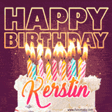 A colorful birthday cake topped with lit candles, with the words 'Happy Birthday Kerstin' in bold glowing letters on a burgundy background. Animated flames add a festive touch.