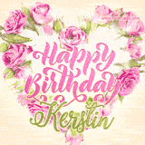 A stunning heart made of pink roses surrounds the elegant script text 'Happy Birthday Kerstin' on a soft beige background. Animated sparkles add a magical and festive feel.