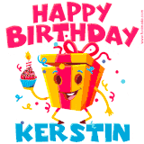 A vibrant and funny gift box character with a happy face dancing with a cupcake and the text 'Happy Birthday Kerstin,' surrounded by animated confetti and party vibes.