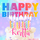 A vibrant animated name GIF with the words 'Happy Birthday Kerttu' with colorful candles on a creamy cake. The background sparkles with pastel shades, adding a festive touch.