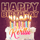 A colorful birthday cake topped with lit candles, with the words 'Happy Birthday Kerttu' in bold glowing letters on a burgundy background. Animated flames add a festive touch.