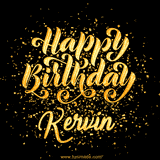 Animated GIF with colorful, festive 'Happy Birthday Kervin' text decorated with patterns, a party hat, and falling confetti. A vibrant and cheerful design for birthday celebrations.