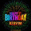 A colorful animated GIF featuring the text 'Happy Birthday Kervin!' in rainbow colors with a dynamic iridescent firework display in the background.