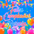 A vibrant animated GIF with 'Feliz Cumpleaños Kerwin' written in colorful script, surrounded by balloons, confetti, and bunting on a bright blue background.