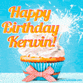 A cheerful animated GIF of a cupcake with creamy frosting, a red checkered ribbon, and a bright sparkler on top. The text 'Happy Birthday Kerwin!' is displayed in vibrant orange and red.