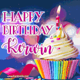 A festive animated GIF featuring a colorful cupcake with a single lit candle, sprinkles, and 'Happy Birthday Kerwin' text against a sparkling, celebratory background.