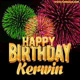 A captivating GIF with bursts of green, pink, and orange fireworks lighting up the night sky, accompanied by 'Happy Birthday Kerwin' in glowing golden text.