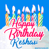 A cheerful animated GIF featuring colorful lit birthday candles on a white cake, with the text 'Happy Birthday Keshav' in bold red and blue script on a bright blue background.
