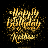 Animated GIF with colorful, festive 'Happy Birthday Keshav' text decorated with patterns, a party hat, and falling confetti. A vibrant and cheerful design for birthday celebrations.