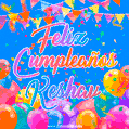 A vibrant animated GIF with 'Feliz Cumpleaños Keshav' written in colorful script, surrounded by balloons, confetti, and bunting on a bright blue background.